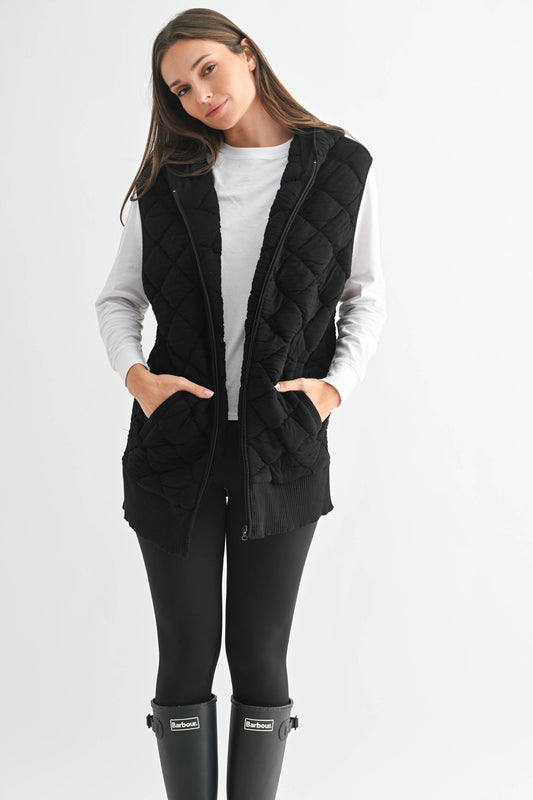 Black Quilted Fleece Vest with Hood