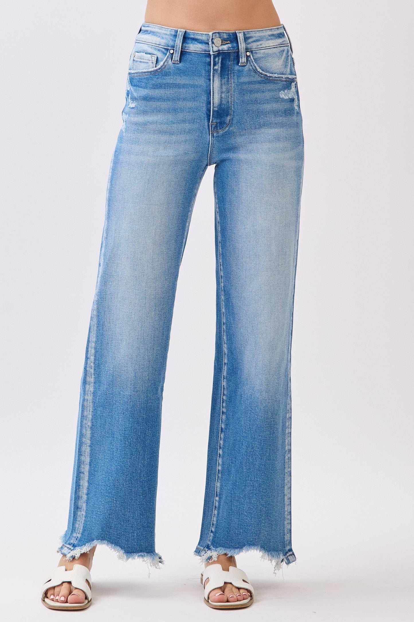 HIGH RISE STRETCH  WIDE LEG  DESTROYED HEM JEANS