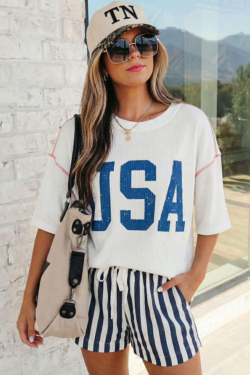 USA Graphic Half Sleeve Ribbed Top